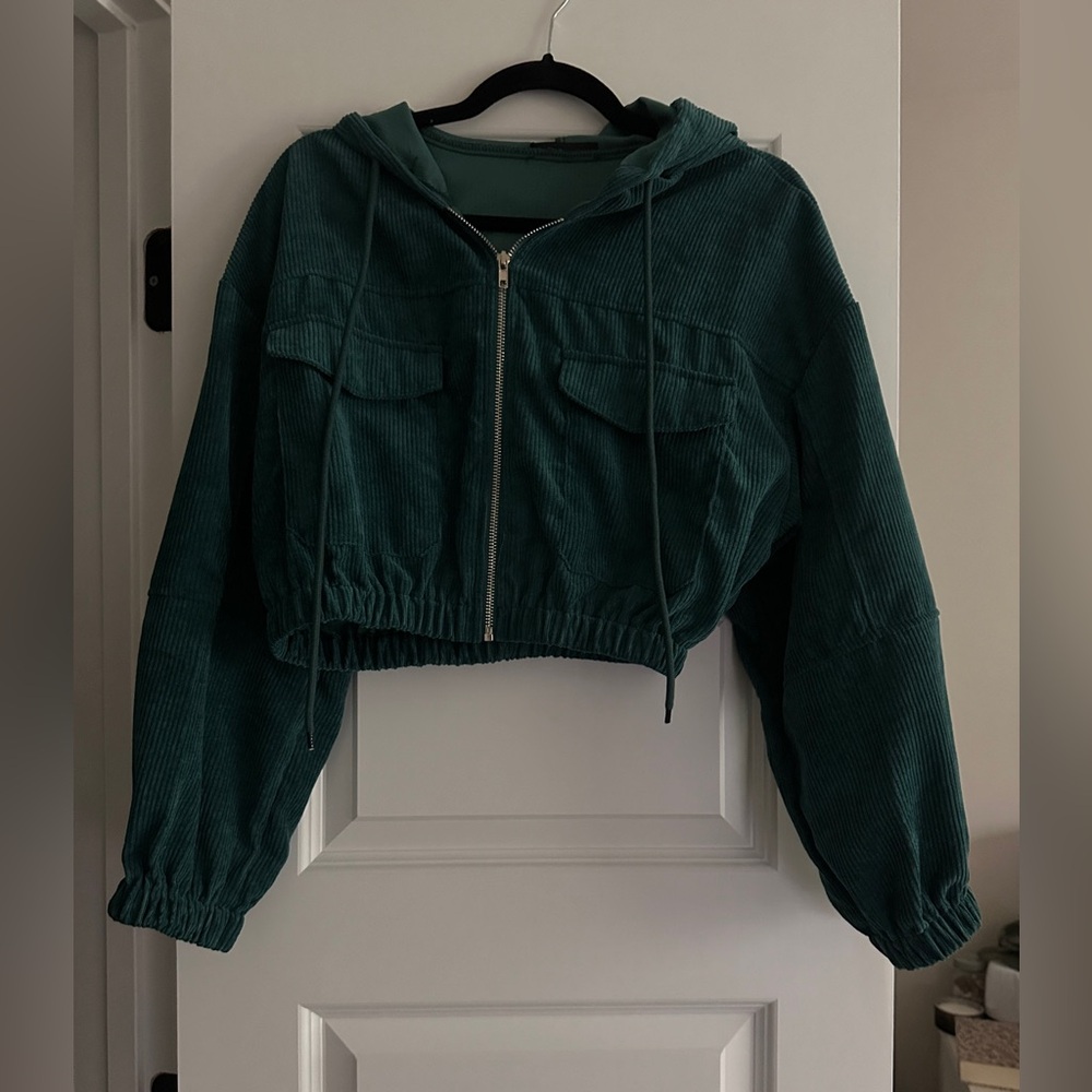 Green Corduroy Cropped Hoodie